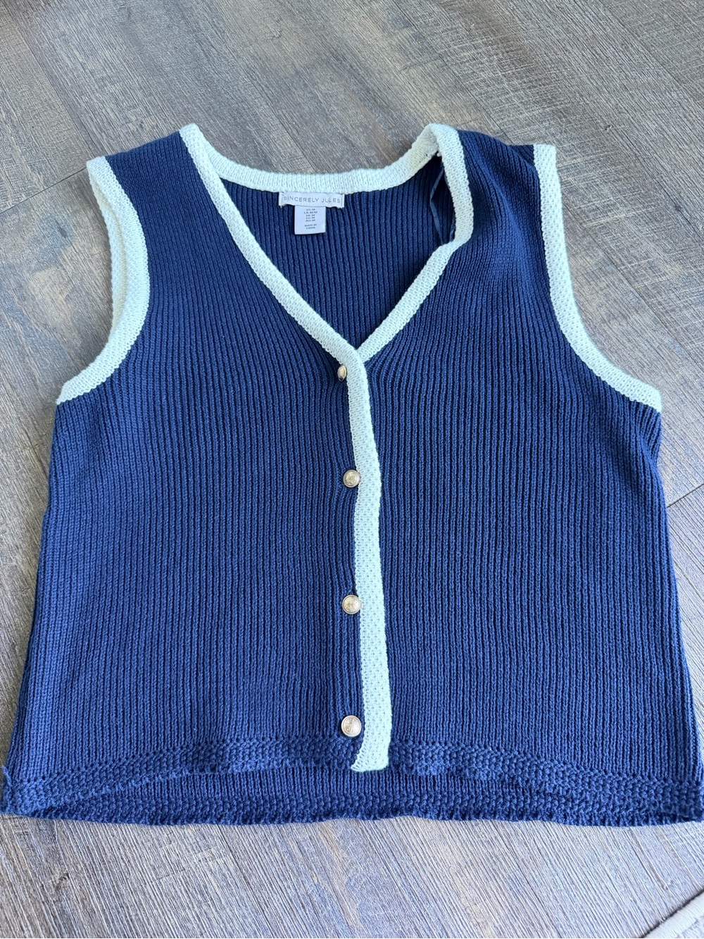 Sincerly Jules Navy Sleeveless Knit Button-Front Vest with Cream Trim